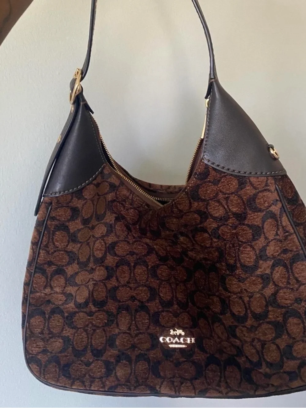 Coach Dark Brown Signature Jacquard Hobo Bag with Black Trim